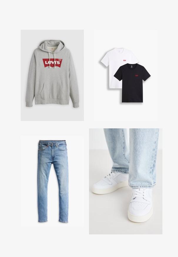Sudadera gris con un gran logotipo rojo de Levi's, capucha con cordón, bolsillo frontal y puños acanalados. Hecha de una tela suave y texturizada.; Dos camisetas de manga corta: una blanca y una negra. Ambas de algodón con un logo rojo de Levi's en el pecho. Diseño simple de cuello redondo.; Vaqueros de denim azul claro con un diseño de corte recto, cinco bolsillos, cierre de botón y un leve desgastado en la tela.; Zapatillas bajas de cuero blanco con puntera perforada, cordones planos y diseño minimalista. Combinadas con pantalones vaqueros de mezclilla azul claro.