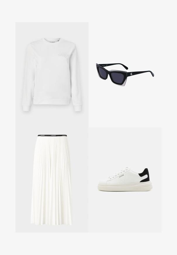 Sudadera de cuello redondo blanca hecha de algodón suave. Presenta puños y dobladillo acanalados. Un discreto logo bordado está situado en el lado izquierdo del pecho.; Falda blanca plisada con una cinturilla elástica negra que presenta el logotipo "LACOSTE". Diseño de longitud media con textura suave.; Zapatillas blancas de cuero con una suela blanca gruesa, acento en el talón de ante negro y logo grabado en el lateral. Diseño de cordones con seis ojales.; Gafas de sol negras de gran tamaño con una forma geométrica, que presentan lentes oscuros y un detalle gris contrastante en la montura. Logo en la pata.