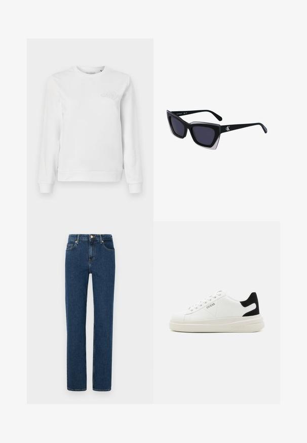 White crewneck sweatshirt made of soft cotton. Features ribbed cuffs and hem. A subtle embroidered logo is positioned on the left chest.; Dark blue denim jeans with a straight leg design, featuring front pockets, a button closure, and a subtle texture.; White leather sneakers with a thick white sole, black suede heel accent, and embossed logo on the side. Laced design with six eyelets.; Black oversized sunglasses with a geometric shape, featuring dark lenses and a contrasting grey detail on the frame. Logo on the arm.