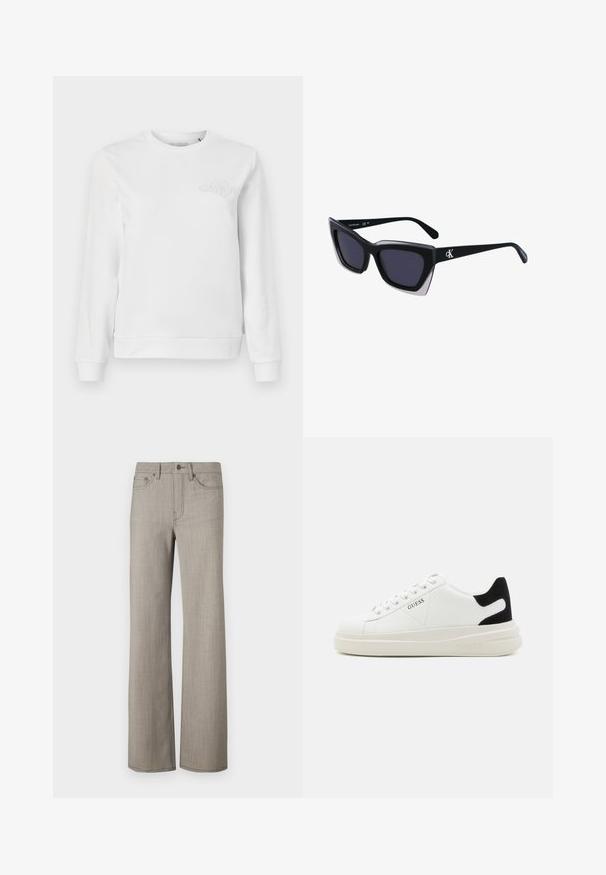 Witte crewneck sweatshirt van zacht katoen. Heeft ribgebreide boorden en onderrand. Een subtiel geborduurd logo is gepositioneerd op de linkerkant van de borst.; Brede broekspijpen in een lichtgrijze, gestructureerde stof met een gladde afwerking. Voorzien van een knoopsluiting en een ontwerp met vijf zakken.; Witte leren sneakers met een dikke witte zool, zwarte suède hielaccent en een geperst logo op de zijkant. Vetersluiting met zes oogjes.; Zwarte oversized zonnebril met een geometrische vorm, voorzien van donkere glazen en een contrasterend grijs detail op het montuur. Logo op de arm.