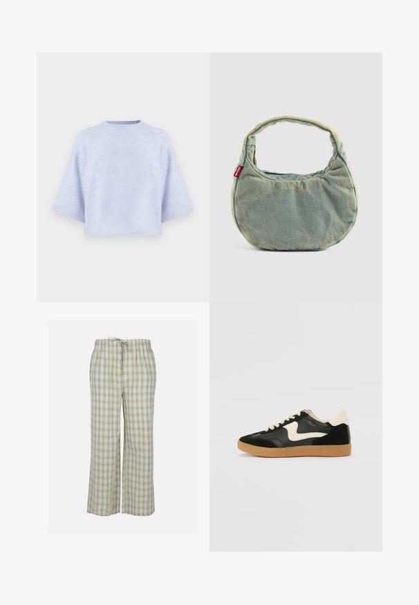 Lysblå cropped sweater lavet af blødt stof. Har brede ærmer, en rund halsudskæring og en afslappet pasform. Glat tekstur, minimalistisk design.; Grønne og hvide ternede pyjamasbukser lavet af blødt stof har en elastisk talje med snoretræk og brede, afslappede ben.; Sorte ruskinds- og lædersneakers med en cremefarvet side-swoosh og lys cremefarvet hæl. Har beige snørebånd og en gummirubber-sål.; Lyseblå denim håndtaske med kort polstret håndtag og lille rød Levi's logo etikette på siden, sat op imod en ensfarvet baggrund.