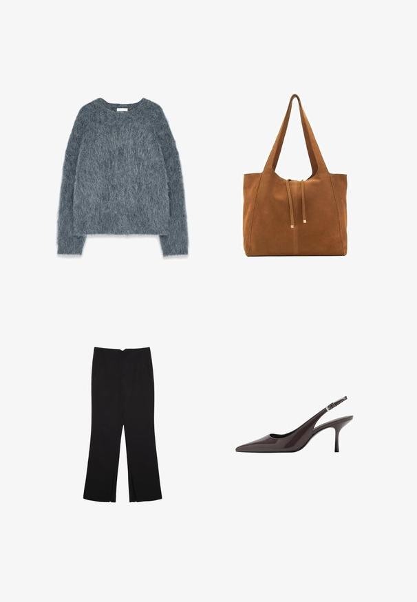 Maglione grigio testurizzato con una vestibilità ampia, maniche lunghe e scollatura larga. Materiale morbido e peloso con una leggera lucentezza. Nessun motivo o accento prominente.; Pantaloni neri a gamba dritta, con tasche frontali e spacchi laterali all'orlo. Realizzati in tessuto morbido e liscio. Adatti a diverse occasioni.; Décolleté con cinturino in pelle brillante marrone scuro, caratterizzate da un tacco alto e sottile e una cinghia alla caviglia regolabile con fibbia.; Borsa a tracolla in suede marrone con due lunghe cinghie, chiusura con cordoncino e design minimalista. Texture liscia e senza elementi hardware visibili.