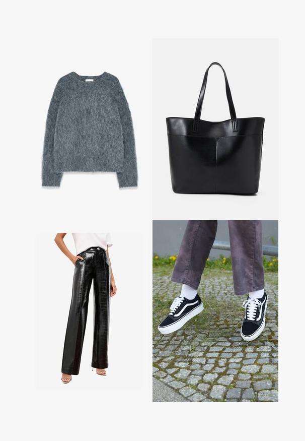 Gestructureerde grijze trui met een losse pasvorm, lange mouwen en een brede halslijn. Zachte, pluizige stof met een lichte glans. Geen opvallende patronen of accenten.; Zwarte high-waisted broek gemaakt van glanzend nepleer, met een krokodillenpatroon, zijzakken en een rechte pijpdesign.; Zwarte suède sneakers met witte accenten, met een ronde neus, dikke witte zool en klassieke vetersluiting, gedragen met witte sokken en paarse broek.; Zwarte leren tote bag met twee lange handvatten, een zachte textuur en een gestructureerde vorm. Voorzien van een voorvak voor extra opslagruimte.