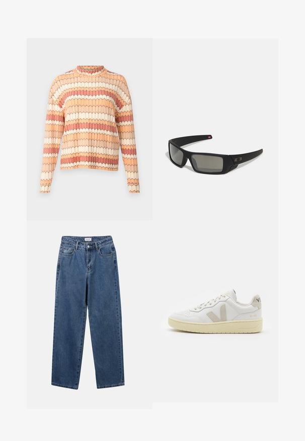 Pull texturé avec un col montant, présentant un motif géométrique dans des teintes de pêche, de crème et de rouille. Manches longues avec des poignets côtelés.; Jean en denim bleu classique avec une coupe droite, cinq poches et une fermeture par bouton. Présente un lavage moyen et une texture robuste.; Baskets blanches en cuir avec des accents en daim beige, boîte à orteils perforée, lacets plats et semelle texturée crème. Présente un logo discret au talon.; Lunettes de soleil noires avec une finition mate, verres rectangulaires, légère courbure sur les branches, détail de logo subtil et verres teintés fumés.