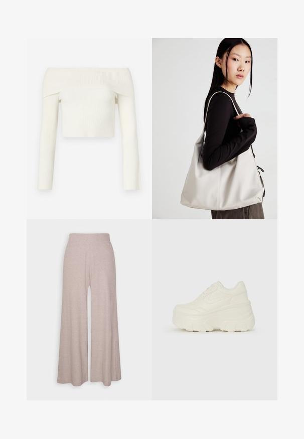 Top cropped de malha canelada, off-the-shoulder, feito de um tecido branco suave. Apresenta mangas longas e um design justo.; Calças largas de tom cinza claro, feitas de um tecido suave e estriado, com uma cintura alta e pernas de comprimento total com uma textura subtil.; Tênis brancos de plataforma com um cabedal suave semelhante a couro, formato arredondado, colarinho acolchoado e sola de borracha texturizada com ranhuras bem definidas.; Uma bolsa bege feita de material macio, com um design descontraído, detalhes de costura e duas alças para o ombro. Adequada para uso diário.
