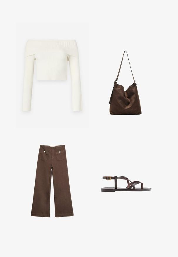 Top court à épaules dénudées en texture côtelée, fabriqué en tissu blanc doux. Présente des manches longues et une coupe ajustée.; Pantalons larges marron en coton, dotés de deux poches avant avec des boutons argentés, et une texture lisse.; Sandale en cuir marron avec des brides entrecroisées, une fermeture à boucle à la cheville et une semelle plate avec des détails de couture minimaux.; Sac hobo en suède marron avec un haut courbé, une longue bandoulière avec des accents de points, et une texture douce. Présente un design décontracté pour une utilisation informelle.