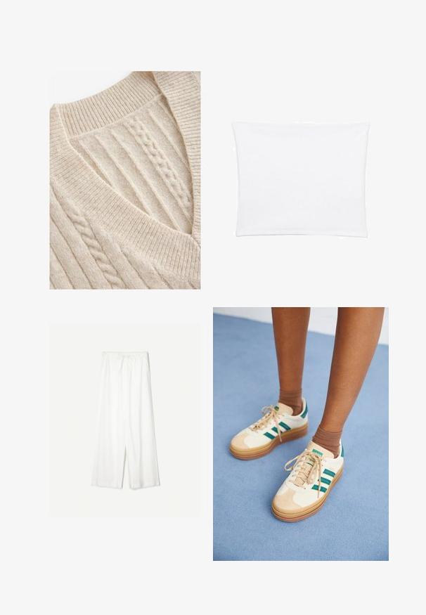Sweter z wełny w kolorze kremowym, wykonany na drutach, z dekoltem w kształcie V, prążkowanym kołnierzykiem i teksturowanym wzorem w warkocze. Miękka tkanina z mieszanki wełny.; Biała poszewka na poduszkę o gładkiej, miękkiej fakturze, w kształcie prostokąta i z wyraźnymi brzegami, zaprojektowana do standardowych rozmiarów poduszek.; Białe spodnie szerokie w nogawkach z regulowanym paskiem w talii, pokazane na jednolitym tle, podkreślające ich luźny styl i fakturę materiału.; Beżowe sneakersy z ciemnozielonymi paskami, gumowa podeszwa, zamszowa i tekstylna cholewka oraz neutralne dodatki, w połączeniu z brązowymi skarpetami na jasnoniebieskiej powierzchni.