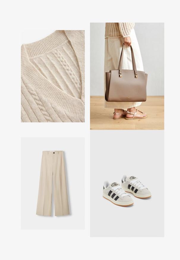 Krämfärgad stickad tröja med V-halsringning, ribbad krage och texturerad kabelstickning. Mjuk ullblandning.; Even&Odd Petite 3 PACK - Långärmad tröja - black/white/mottled grey; Beige vida byxor med slät textur, med knappstängning framtill och två sidofickor. Skräddarsydd design och veckad detalj framtill.; Grå mocka sneakers med vita snören, svarta ränder och en vit gummisula. Har en rund logo på tungan och en gummisula.; Brun syntetisk axelväska med två långa handtag, fyrkantiga metalliska detaljer och en subtil logotyp. Bärs med en ljus krämfärgad kjol och sandaler.