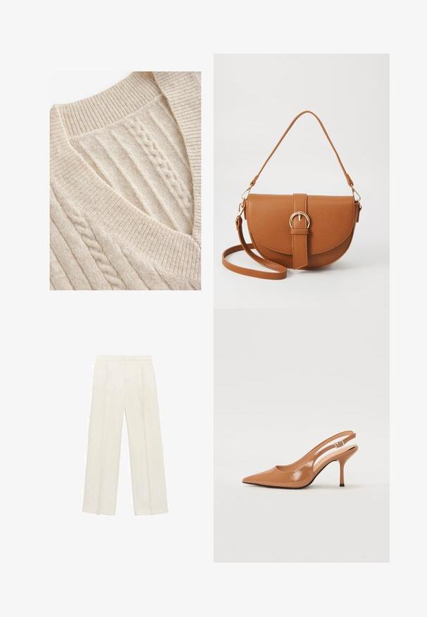 Cream-colored knitted sweater featuring a V-neck, ribbed collar, and textured cable-knit detail. Soft wool blend fabric.; Wide-legged trousers in a light cream color. Made from a smooth fabric with pleats at the front and side pockets.; Pointed toe slingback heel in a smooth, glossy tan material. Features a curved cutout design and a slender stiletto heel. Silver buckle detail.; Brown leather crossbody bag with a curved shape, gold hardware, and a buckle accent. Features a detachable shoulder strap.