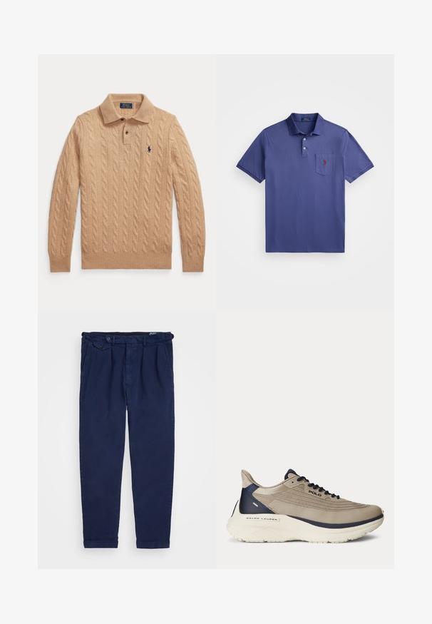 Jersey Polo Ralph Lauren color beige con punto de cable, cuello, tapeta con dos botones, puños acanalados y logo de poni azul marino bordado en el pecho.; Polo de color púrpura hecho de algodón, con una tapeta de tres botones, mangas cortas y un bolsillo en el pecho con bordado de logotipo rojo.; Chinos de color marino hechos de algodón, con corte recto, pliegues en la parte delantera, cierre de botón y puños doblados. Textura suave con un diseño minimalista.; Zapatilla deportiva beige con parte superior de malla texturizada, acentos en azul marino, suela gruesa blanca y detalles de diseño intrincados. Presenta cordones y marca de logo.