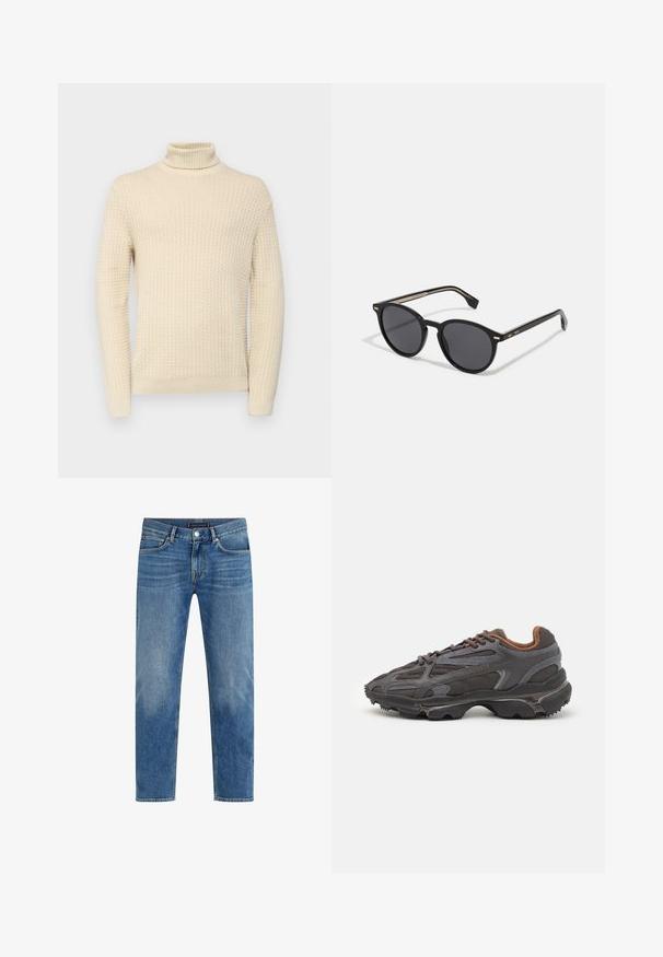 Cream-colored turtleneck sweater with a textured knit pattern, featuring long sleeves and ribbed cuffs and hem.; Red cotton t-shirt with short sleeves, crew neck, and a small logo on the left chest. Smooth texture and regular fit.; Light blue denim jeans with a straight leg design, faded wash, five-pocket styling, contrasting stitching, and a front button closure.; Lacoste sneakers in dark gray with mesh and synthetic material, featuring a textured sole and brown accents on the collar and branding.; BOSS Sunglasses - black