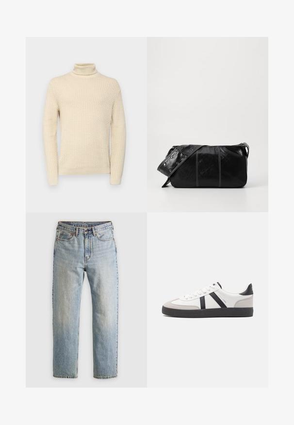 Cream-colored turtleneck sweater with a textured knit pattern, featuring long sleeves and ribbed cuffs and hem.; Light blue denim jeans with high waist, front button, zipper, and five-pocket design, laid flat on a neutral background.; White sneaker with black and gray accents, featuring a textured gray toe cap, black rubber sole, and flat white laces. Clean design, minimalist style.; Black leather shoulder bag with a zip closure, featuring a textured body, white stitching, and a strap with silver grommets.