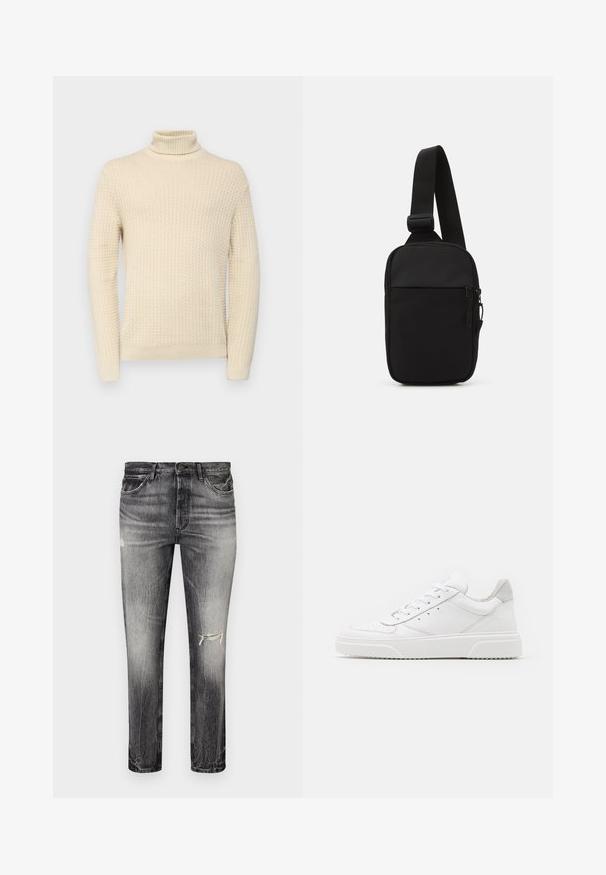 Kremfarget genser med høy hals og teksturert strikkemønster, med lange ermer og ribbestrikkede mansjetter og kant.; Bleke sorte denimjeans med rett snitt, med slitte områder, frontlommer og en klassisk knappe-lukking.; Hvite skinnsko med en glat overflate, rund tå, flate lisser og teksturert såle. Grå semsket innfelt ved hælen.; Svart skulderveske laget av slitesterkt stoff, med en justerbar stropp, en glidelåslukking på hovedrommet og en frontlomme.