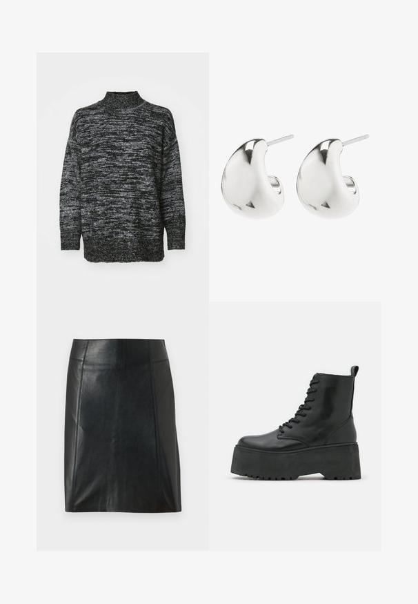 Adīta džemperis melnu un pelēku marļu rakstā, ar augstu apkakli un brīvām, garām piedurknēm. Mīksta tekstūra, vaļīga piegrieztne.; Melnas ādas svārki ar pieguļošu dizainu. Gluda tekstūra, šuves izceļ formu un taisna apakšmalu. Minimālistiska un eleganta izskata.; Melni potītes zābaki ar masīvu platformu, izgatavoti no gludas ādas, ar šņorēšanas dizainu un cilpu aizmugurē.; Sudraba auskari ar gludu, izliekta dizaina. Tie ir ar pulētu apdari un ir aprīkoti ar aizdari, kas nodrošina drošu valkāšanu.