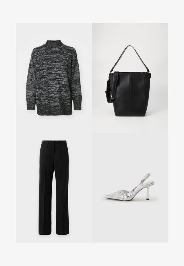 Gebreide trui in zwart en grijs gemêleerd patroon, met een hoge hals en losse, lange mouwen. Zachte textuur, ontspannen pasvorm.; Zwarte op maat gemaakte rechte broek met riemlussen en plooidetail aan de voorkant, gepresenteerd tegen een neutrale achtergrond.; Zilveren slingback hoge hak schoen met een spitse neus, metalen afwerking, twee decoratieve banden en een slanke hak met een zwarte punt.; Zwarte leren emmer tas met een gladde textuur, twee draagriemen en contrasterende verticale stikdetails aan de voorkant.; Set van zes oorbellen in zilverkleurig metaal. Bevat studs en hoepels met blauwe en heldere edelstenen, variërend in grootte en vorm.