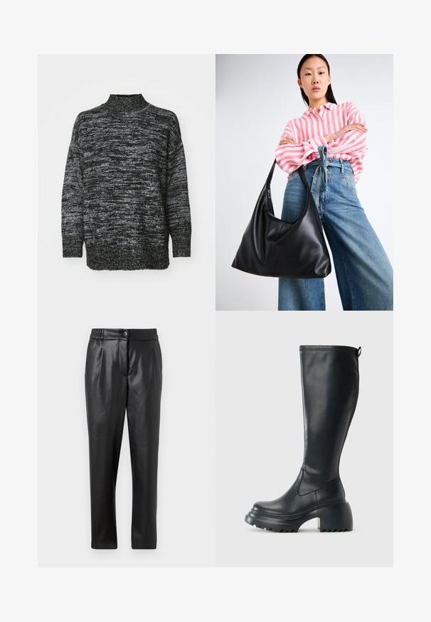 Πλεκτό πουλόβερ σε μαύρο και γκρι μαρμάρινο σχέδιο, με ψηλό λαιμό και χαλαρές, μακριές μανίκες. Μαλακή υφή, άνετη εφαρμογή.; Μαύρο δερμάτινο παντελόνι με λεία υφή, ίσια γραμμή, ελαστική μέση και μπροστινό κούμπωμα με κουμπί; πιέτες και σιλουέτα που στενεύει προς τα κάτω.; Ψηλή μαύρη δερμάτινη μπότες με χοντρή πλατφόρμα και τετράγωνη τακούνι, διαθέτει λαβή και υφασμάτινη επιφάνεια στην εξωτερική σόλα.; Μαύρη δερμάτινη τσάντα ώμου με χαλαρή σιλουέτα και λεπτομέρειες ραφής. Το μοντέλο φοράει μπλούζα με ροζ και λευκές ρίγες και μπλε φαρδιά τζιν παντελόνια.