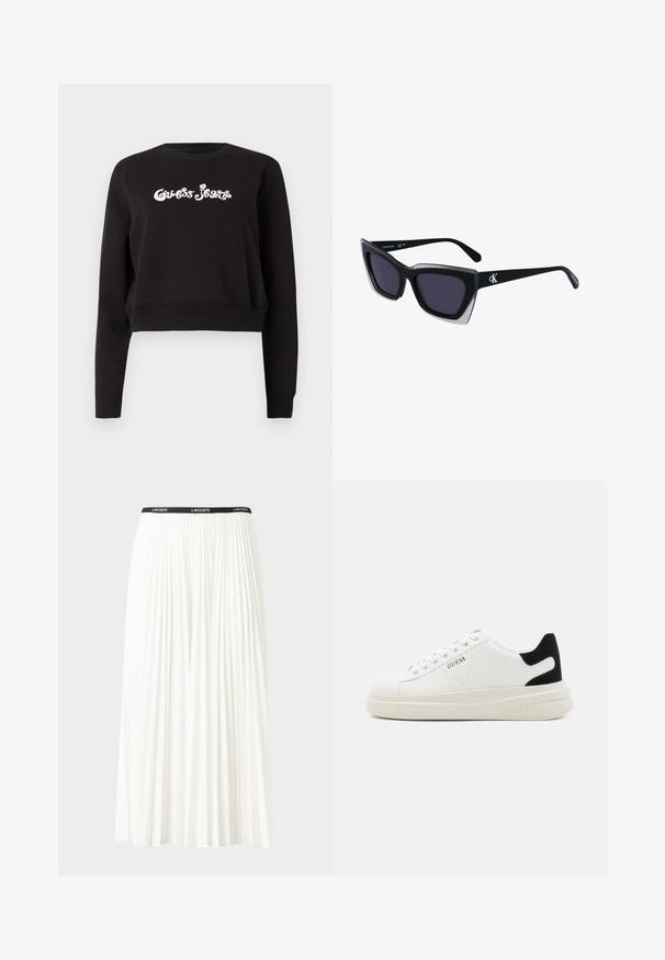 Svart kort sweatshirt laget av bomull, med lange ermer og rund hals. Fronten viser hvit "Guess Jeans" merkevare.; Plissert hvit skjørt med en svart elastisk midje som har "LACOSTE"-logoen. Midjelengde design med myk tekstur.; Hvite lær sneakers med tykk hvit såle, svart semsket hælforsterkning og preget logo på siden. Snøresystem med seks hull.; Store svarte solbriller i overdimensjonert størrelse med geometrisk form, med mørke linser og en kontrasterende grå detalj på rammen. Logo på armen.