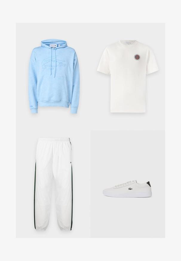 Lacoste Sweatshirt - overview; Weißes Baumwoll-T-Shirt mit kurzen Ärmeln, ausgestattet mit einem kreisförmigen blauen und orangefarbenen "Tennis Heritage"-Logo auf der linken Brust.; Weiße Trainingshose mit dunkelgrünen Seiteneinsätzen. Leichtes Material, elastischer Bund und gerippte Säume. Mit Netzstruktur an den Seiteneinsätzen.; Weiße Leder-Sneaker mit runder Spitze, Schnürung und schwarzem Fersenakzent. Verfügt über ein kleines gesticktes Krokodillogo an der Seite.