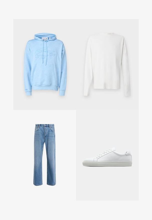 Lacoste Sweatshirt - overview; Long-sleeved white cotton shirt with a round neckline, side slits at the bottom, and a smooth texture, displayed from the back.; Light blue denim jeans with a straight-leg design, five pockets, button closure, minimal fading, and contrasting stitching details.; White sneaker with a smooth leather upper and a low profile. Features a rounded toe, six eyelets, and a textured rubber sole.