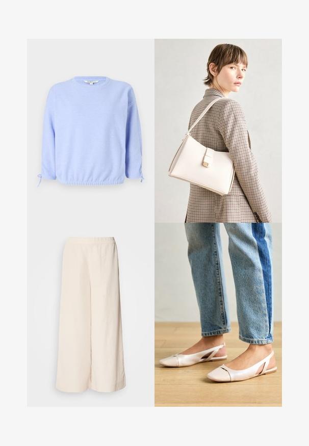 Lyseblå genser med rund hals, elastisk nedre kant og snor detaljer på ermene. Myk tekstur, avslappet passform.; Kremfargede vide bukser med elastisk midje, med avslappet passform og glatt tekstur, egnet for hverdagsbruk.; Lys rosa slingback leiligheter med spiss tå, laget av et glatt, læraktig materiale. Har utskjæringer på sidene og lav hæl.; Hvit lær veske med en strukturert design, med magnetlås og skulderstropp, vist mot en nøytral bakgrunn.