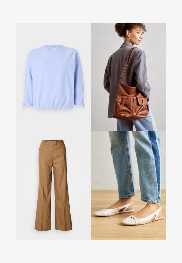 Gaiši zils puloveris ar apaļu kaklu, elastīgu apakšmalu un aukliņu akcentiem pie piedurknēm. Mīksta tekstūra, ikdienišķs piegriezums.; Brūnas platās bikses, kas izgatavotas no viegla auduma. Ievērojama plakanā priekšpuse, jostas cilpas un piegriezums ar potītes garumu.; Bālti rozā siksniņu dzīvokļi ar smailu purngalu, izgatavoti no gludas ādas līdzīgās materiāla. Iezīmē izgriezumu detaļas sānos un platu papēdi.; Brūns ādas spainīšu soma ar divām priekšējām kabatām ar sprādžu akcentiem. Somai ir gluda tekstūra un regulējama siksna.