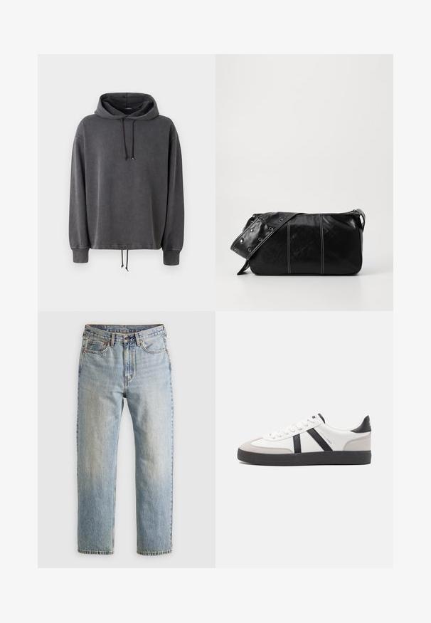 Pelēks kapuci, kas izgatavots no mīksta auduma, ar pievilcīgu kapuci, garām piedurknēm un regulējamu apakšmalu ar auklu. Gluda tekstūra un brīva piegriezuma.; Gai zila denima bikses ar augstu jostasvietu, priekšējo pogu, rāvējslēdzēju un piecu kabatu dizainu, izlīdzinātas uz neitrāla fona.; Baltas sneakeris ar melniem un pelēkiem akcentiem, kuram ir teksturēts pelēks purngals, melna gumijas zole un plakanas baltas šņores. Tīrs dizains, minimālisma stils.; Melnas ādas plecu soma ar rāvējslēdzēja aizdari, ar teksturētu virsmu, baltu dūrienu un siksnu ar sudraba iekavām.