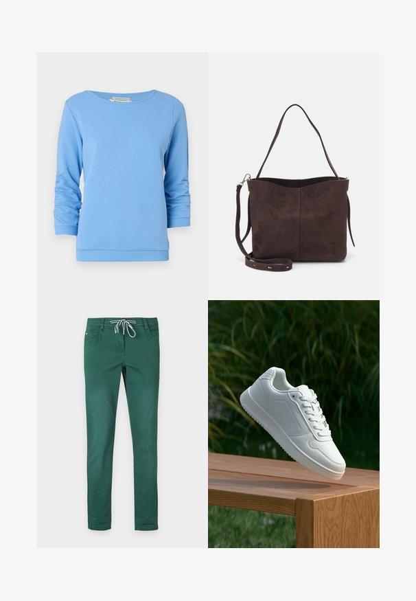 Svetlo modrá mikina vyrobená z textúrovaného bavlneného materiálu. Má lodičkový výstrih, dlhé rukávy s prehnutými manžetami a rebrovaný lem.; Zelené nohavice z bavlneného zmesi so strihom rovného nohavicu, s nastaviteľným pásom na šnúrku a dvoma prednými vreckami. Hladká textúra a bez vzorov.; Biele tenisky s hladkým syntetickým zvrškom, perforovanou špičkou, plochými šnúrkami a textúrovanou podrážkou, vystavené na drevenej ploche.; Hnedá semišová taška s mäkkou textúrou, vybavená jedným ramenným popruhom a jemne zakriveným horným otvorom. Bez viditeľných hardvérových detailov.