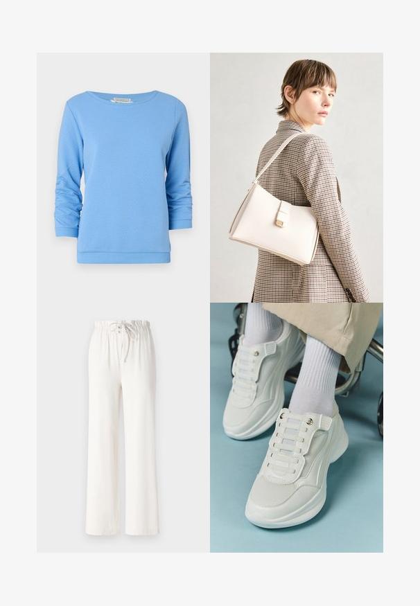 Felpa azzurra chiara in cotone testurizzato. Presenta un colletto a barca, maniche lunghe con polsini arrotolati e un orlo a costine.; Pantaloni bianchi a gamba larga realizzati in tessuto morbido, con vita regolabile e texture liscia. Nessun motivo o decorazione visibile.; Sneaker bianchi realizzati in materiale a rete, suola in gomma, design senza lacci con bande elastiche e dettagli in tonalità oro.; Borsa a mano in pelle bianca con un design strutturato, presente di un clasp magnetico e una tracolla, esposta su uno sfondo neutro.