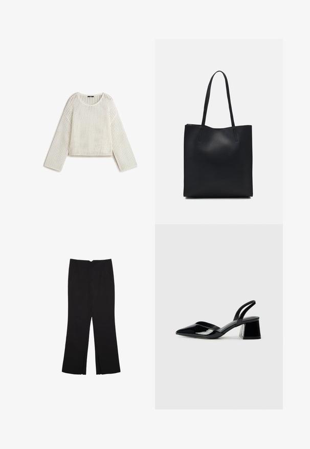 Pull en tricot blanc au style décontracté, avec un motif de trame ouverte, un col rond et des manches longues. La texture semble légère et respirante.; Pantalon noir avec une coupe droite, doté de poches avant et d'éclairs sur l'ourlet. Fabriqué en tissu doux et lisse. Convient à diverses occasions.; Escarpins en cuir verni noir avec bout pointu et talon bloc géométrique. Présente un design élégant et minimaliste ainsi qu'une texture lisse.; Sac fourre-tout en cuir noir avec une texture lisse, de forme rectangulaire et deux longues poignées. Pas de matériel ou d'ornementations visibles.