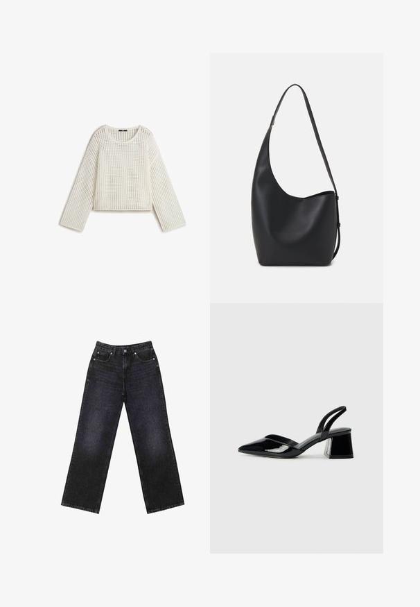 Maglione bianco a maglia con una vestibilità ampia, caratterizzato da un motivo a trama aperta, scollatura rotonda e maniche lunghe. La texture sembra leggera e traspirante.; Jeans in denim neri a vita alta con un taglio a gamba larga, design a cinque tasche e cuciture visibili. Il tessuto ha una finitura liscia e leggermente tessurizzata.; Décolleté in vernice nera con punta affusolata e tacco in geometria cubica. Presentano un design elegante e minimalista, con una texture liscia.; Borsa hobo nera in pelle con una superficie liscia, forma curvata e una singola tracolla regolabile; presenta un'ampia apertura nella parte superiore.