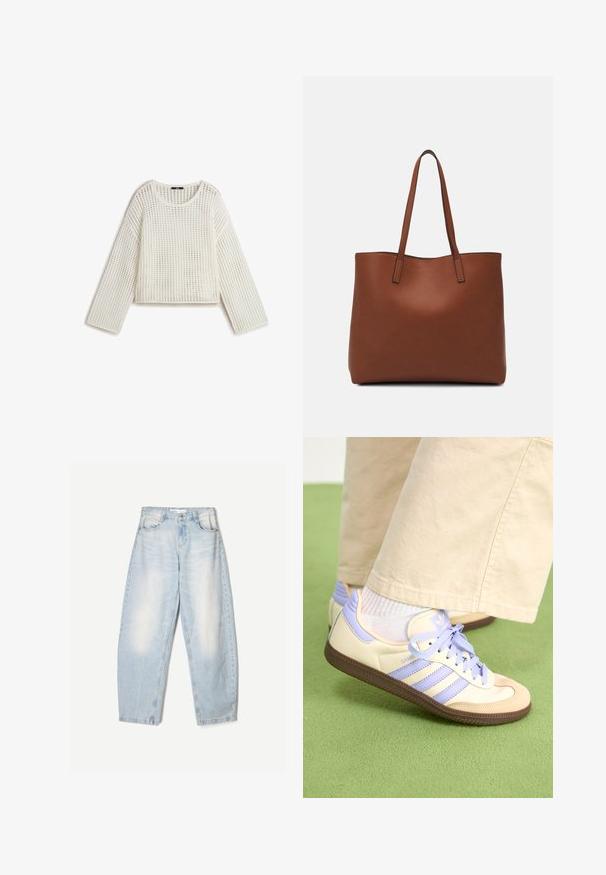 Weißer Strickpullover mit lockerer Passform, der ein offenes Webmuster, einen runden Ausschnitt und lange Ärmel aufweist. Die Textur wirkt leicht und atmungsaktiv.; Hellblaue Jeans aus Denim mit lockerer Passform, im ausgewaschenen Finish, zwei Fronttaschen und einem Knopfverschluss am Bund.; Cremefarbene und lavendelfarbene Sneakers mit drei Streifen und einer strukturierten braunen Sohle, ausgestattet mit Schnürsenkeln und einer gepolsterten Ferse. Obermaterial aus weichem Stoff.; Braune Leder-Tote mit glatter Textur, offenem Oberteil und zwei Schulterriemen. Verfügt über minimale Nähte und keine sichtbaren Beschläge.