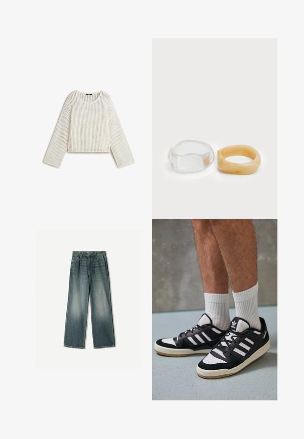 Bílý pletený svetr s volným střihem, který má otevřený vzor, kulatý výstřih a dlouhé rukávy. Textura se zdá být lehká a prodyšná.; Džíny s širokými nohavicemi v bledě modré barvě, s pěti kapsami, zapínáním na knoflík a jemným efektem odření na přední straně.; Černobílé tenisky s vrchní částí z semišové a kožené kůže, včetně tří bílých pruhů, perforovaného špičky a podrážky z gumy.; Průhledné a jantarové prsteny z pryskyřice, jeden hladký a transparentní, druhý s texturovaným jantarovým povrchem. Oba mají zaoblené, robustní tvary.