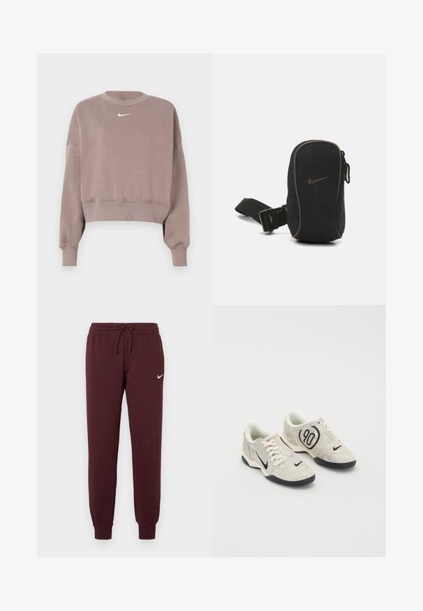 Lys brun cropped sweatshirt laget av mykt stoff, med lange ermer og en liten hvit Nike-logo på brystet. Ribbestrikkede mansjetter og kant.; Burgunderrøde joggebukser med elastisk linning og snøring. Har ribbestrikkede mansjetter og en liten hvit Nike-logo på venstre lår. Glatt tekstur.; Nike-sko med en beige og grå teksturert overflate, svarte detaljer, en stor "90" logo, og en hvit snøring. Svarte såler.; Svart Nike-pung med glidelås, teksturert stoff, brune detaljer og avtakbar stropp. Har en fremtredende Nike-logo på fronten.