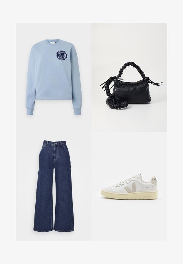 Sweatshirt en coton bleu clair avec manches longues et col rond. Présente un design graphique circulaire marine sur la poitrine gauche. Texture douce.; Jeans en denim à jambes larges de couleur bleu foncé, avec une taille haute, des poches avant et une fermeture éclair avec un bouton en métal. Texture lisse et design classique.; Baskets blanches en cuir avec des accents en daim beige, boîte à orteils perforée, lacets plats et semelle texturée crème. Présente un logo discret au talon.; Sac à main en simili cuir noir avec une texture crocodile, un dessus resserré et une sangle froncée. A l'apparence douce et compacte.