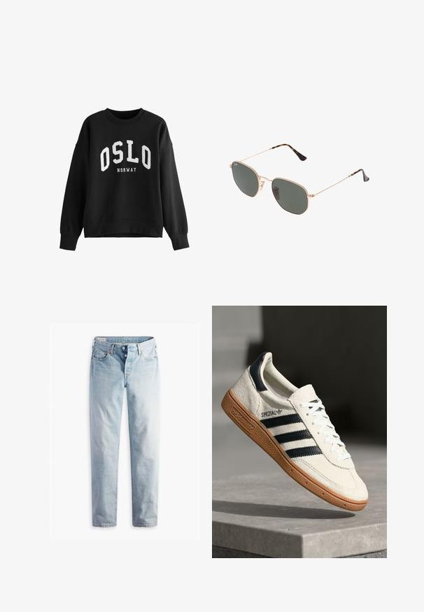 Fekete, pamutkeverékből készült pulóver, kerek nyakkivágással. Fehér hímzés díszíti, amelyen sportos betűtípussal "OSLO" és alatta "NORVÉGIA" felirat szerepel.; Világoskék farmernadrág, egyenes szárú fazonnal, két elülső és két hátsó zsebbel. Két gombos zipzárral és diszkrét varrással rendelkezik.; Fehér velúr sneaker tengerészkék csíkokkal, gumitalppal, textúrált felső résszel, kerek orral és fűzős kialakítással; a cipő oldalán és a nyelvén logó található.; Arany fémkeretes napszemüveg sötétzöld lencsékkel, pilóta stílusban, vékony karokkal és teknősbékás díszítéssel a végeken.; Szürke szintetikus válltáska, két hosszú füllel és egy hozzá illő, cipzáras kis tasakkal, amely tasselt tartalmaz. Simító textúra finom mintázattal.