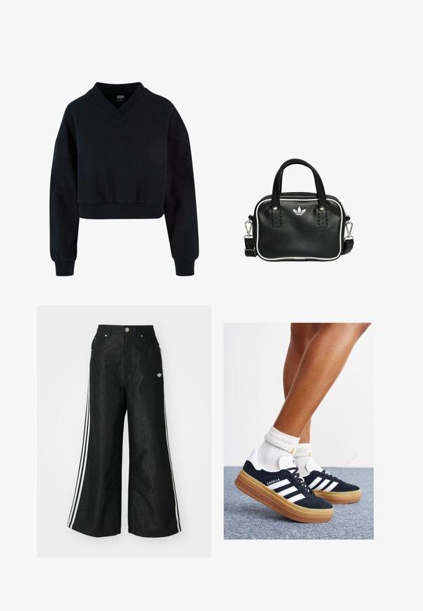 Čierny skrátený sveter s výstrihom do V a spustenými ramennými švami. Vyrobený z mäkkého materiálu s rebrovanými manžetami a lemom. Jednoduchý, minimalistický dizajn.; Čierne džínsy s širokým strihom, s tromi bielymi pruhmi po stranách a malým bielym logom. Obsahujú predné vrecká a zapínanie na gombík.; Čierne semišové tenisky s bielymi pruhmi a detailmi, so zaoblenou špičkou, podrážkou z gumovej gumy, doplnené bielymi rebrovanými ponožkami.; Čierna kožená kabelka s dvoma krátkymi držadlami, striebornými kovovými doplnkami, bielymi akcentmi a bielym logom. Vyznačuje sa textúrovaným povrchom a kompaktným dizajnom.