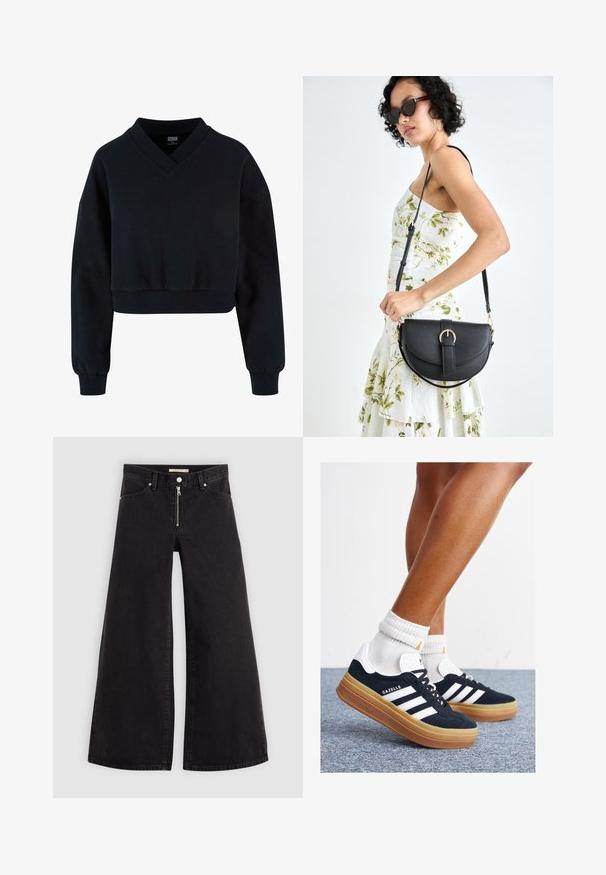 Must tumed t-särk V-kaelusega ja madalate õlgadega. Valmistatud pehmest materjalist, millel on soonikkoes mansetid ja alumine serv. Lihtne, minimalistlik disain.; Laiad teksad mustast denimist, millel on lukuga eesmine osa, viie taskuga disain ja peened õmblusdetailid. Sile tekstuur ja juhuslik stiil.; Mustad seemisnahast tossud valgete triipude ja detailidega, ümarate varbassosadega, kummist välistallaga, paaritatud valgete soonikuliste meessokkidega.; Mustmust mustraha kõverate joontega, eemaldatava rihmaga ja kuldsete detailidega. Kotil on klapp, millel on pandladetail.