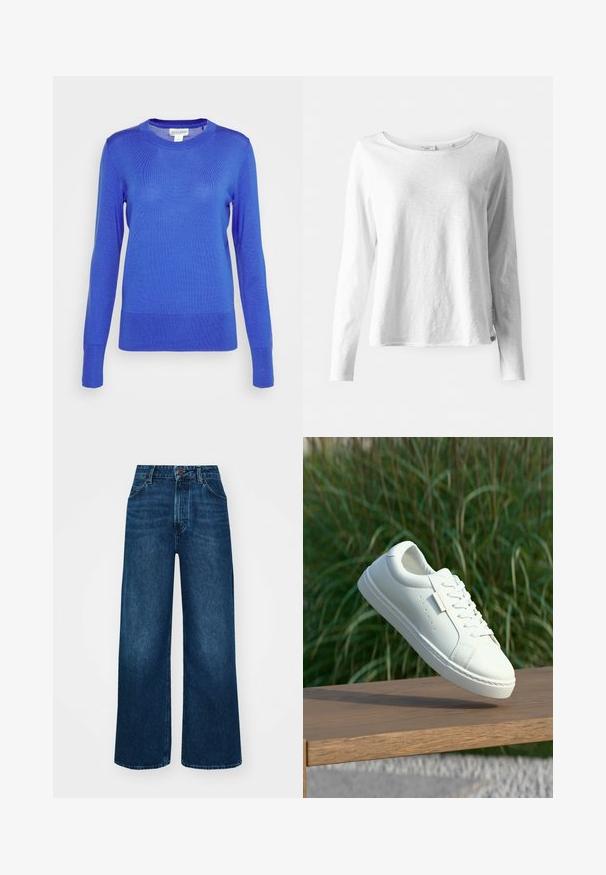 Lindex SWEATER TAYLOR - Camisola - dark blue; Camisola de manga longa branca em tecido suave e leve; possui um decote redondo e um ajuste ligeiramente relaxado; etiqueta visível na lateral.; Jeans de cintura alta e pernas largas em denim azul escuro com uma textura suave, costuras em contraste e design de cinco bolsos. Fecho frontal com botão.; Sapatilha de couro branca com atacadores flutuando acima de um banco de madeira, com erva alta verde desfocada ao fundo ao ar livre.