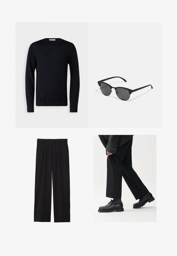 Črna dolga majica s dolgimi rokavi in okroglo izrezom, izdelana iz gladkega pletenega materiala, z opremljenimi manšetami in ravnim robom.; Črne široke hlače z nabranim sprednjim delom, stranskimi žepi in gladko teksturo tkanine. Oblikovane za sproščen kroj.; Črne usnjene čEvlje s zaobljenim nosom, zavezovanjem in debelim, teksturiranim podplatom. Obute z urejenimi črnimi hlačami in rebrastim puloverjem.; Črne sončna očala z okroglimi lečami, mat površino in značilno obliko mačjih oči. Tanke nogice z diskretnim logotipom na levem templju.