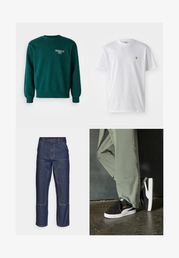 Hanorac verde dintr-un amestec de bumbac, având un guler rotund cu nervuri, mâneci cu manșete și un mic logo alb pe față.; Tricou alb din bumbac, cu mâneci scurte, gât echipat, având un mic logo auriu în zona stânga a pieptului. Textură moale și croială normală.; Jeans din denim albastru închis cu talie înaltă, design cu picior drept, cusături contrastante și buzunare cu clapă în față.; Adidași negri din piele întoarsă cu tălpi din cauciuc alb și dungi pe lateral, asortați cu pantaloni cargo verzi deschis, stând pe o suprafață texturată întunecată.