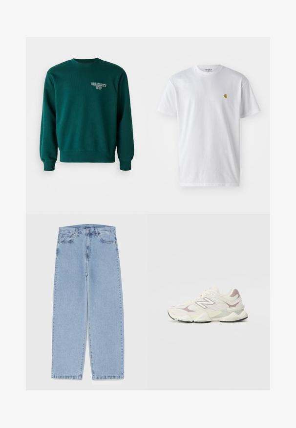 Felpa verde realizzata in tessuto misto cotone, con colletto a girocollo a coste, maniche con polsino, e un piccolo logo bianco sul davanti.; T-shirt bianco in cotone con maniche corte, con colletto girocollo, caratterizzato da un piccolo logo dorato sulla parte sinistra del petto. Tessuto morbido e vestibilità regolare.; Jeans in denim azzurro chiaro con design a gamba dritta, caratterizzati da una vita media, cinque tasche e chiusura con bottone e zip.; Sneaker atletico bianco e grigio chiaro con upper in mesh e sintetico, collo imbottito, dettagli testurizzati e suola in gomma spessa.