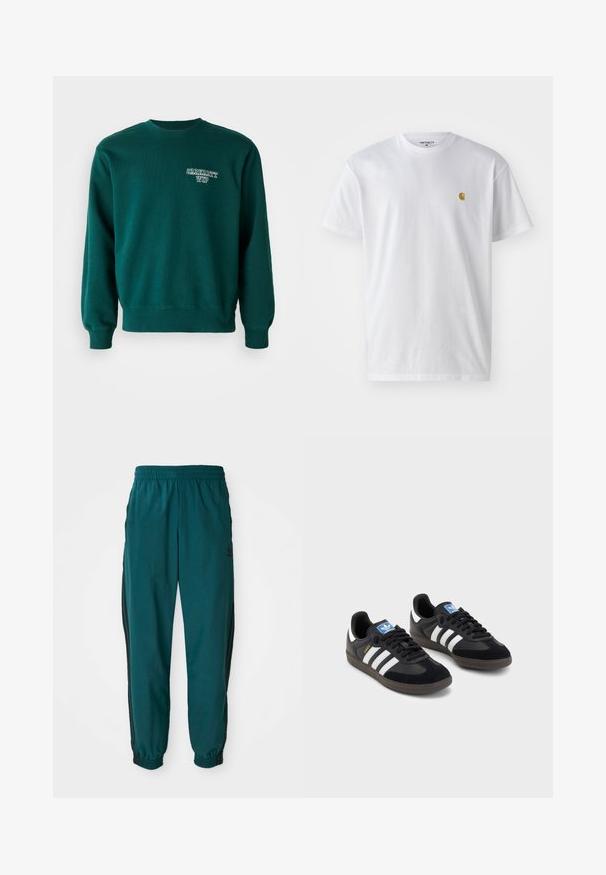 Zelena mikica iz mešanice bombaža, z ribanim ovratnikom, manžetami na rokavih in majhnim belim logotipom spredaj.; Bela bombažna majica s kratkimi rokavi, krožnim ovratnikom, z majhnim zlatim logotipom na levem prsnem predelu. Mehka tekstura in običajen kroj.; Teal športne hlače z vrvico v pasu, elastičnimi manžetami in črnimi stranskimi črtami. Narejene so iz lahkotnega materiala, z logotipom blizu bokov.; Črne športne copate z zgornjim delom iz semiša in sintetičnih materialov, ki imajo tri bele črte, teksturiran gumijast podplat in modro označevalno oznako na jeziku.
