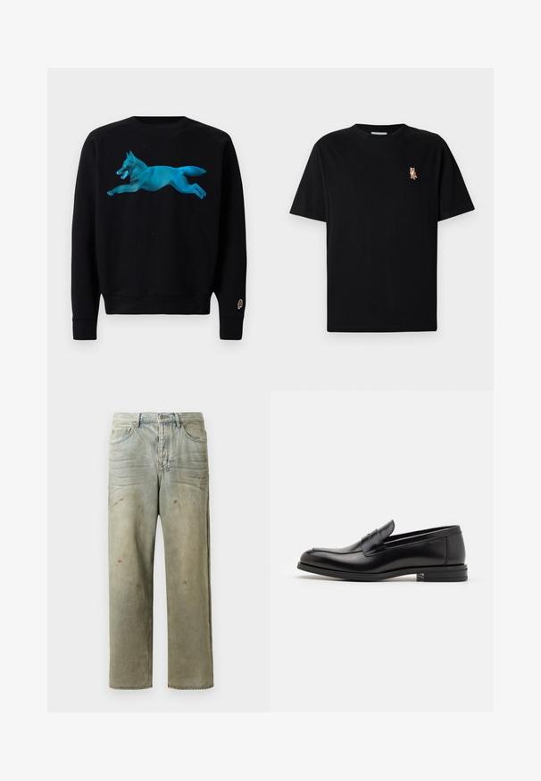 Čierna mikina so tyrkysovou grafikou skáčucej líšky. Obsahuje rebrované manžety a lem a malú značku zmrzlinového kornúta na rukáve.; Čierne tričko s krátkym rukávom a okrúhlym výstrihom s malým vyšitým logom oranžovej líšky na ľavej hrudi.; Zničené džínsy vo svetlozelenej farbe s rovnými nohavicami, piatimi vreckami a nerovnomerným vyblednutím so škvrnami od farby.; Čierne kožené mokasíny s hladkou textúrou, zaoblenou špičkou a dekoračným pásikom cez priehlavok. Nízky vrstvený opätok, minimalistický dizajn.