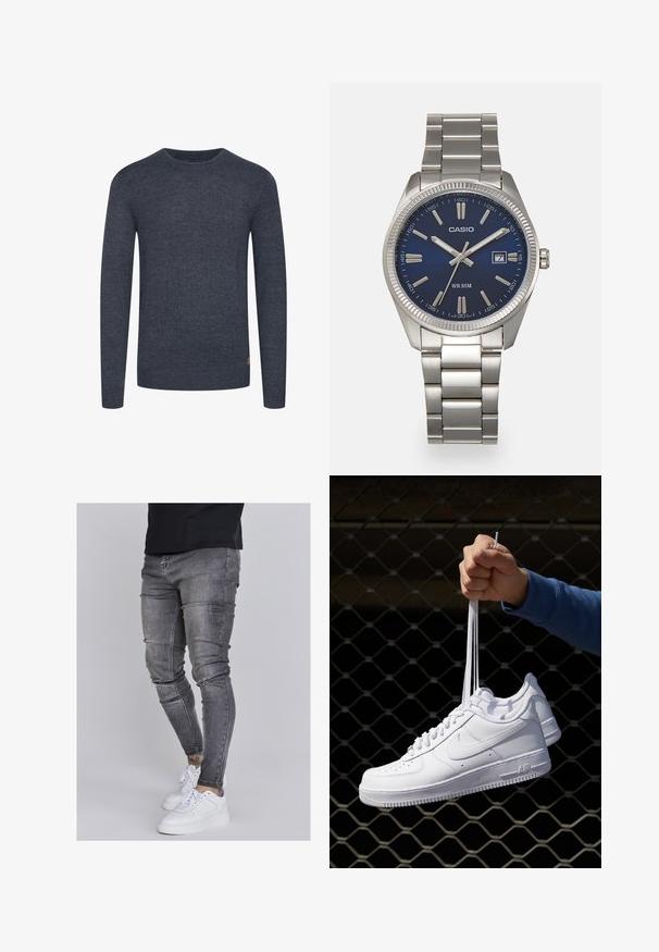 Suéter de punto azul marino con mangas largas y cuello redondo. Presenta una textura suave y puños y dobladillo acanalados. Pequeño logotipo en la parte inferior.; Jeans ajustados en denim gris desgastado, con detalles desgastados en las rodillas, combinados con zapatillas blancas. Textura suave, diseño de corte slim.; Zapatillas de cuero blanco con perforaciones, punta redonda, suela plana y cordones gruesos, con un logo de swoosh visible y "AIR" en el talón.; Reloj de pulsera de acero inoxidable plateado con una esfera azul marina, marcadores horarios metálicos y una ventana de fecha a las 3 en punto. Resistente al agua hasta 50 metros.