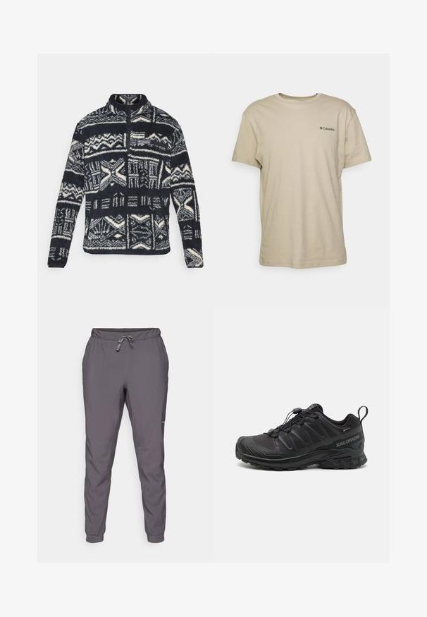 Männer Fleece-Pullover in Schwarz und Weiß mit geometrischen Mustern, mit Viertel-Reißverschluss an der Vorderseite, einer Reißverschlusstasche auf der Brust und dem Columbia-Logo auf der Brust.; Beige Baumwoll-T-Shirt mit kurzen Ärmeln, Rundhalsausschnitt und einem kleinen schwarzen Logo auf der linken Brustseite. Glatte Textur, lässiges Design.; Grau, leichte, elastische Bundhose mit verstellbarem Kordelzug; tapered Beine; glatte Textur; enthält Logodetail an der Seite.; Schwarzer Sportschuh mit einer strukturierten, synthetischen Oberseite, gepolsterten Sohle und einem schnellen Schnürsystem. Verfügt über eine verstärkte Zehen- und Fersenkappe.