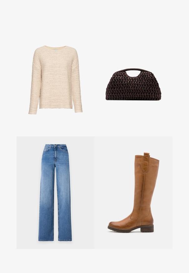 Strickpullover in hellem Beige, mit lockerer Passform, langen Ärmeln, rundem Halsausschnitt und einem strukturierten Muster auf der gesamten Fläche.; Helleblaue, weit geschnittene Jeans aus Denim mit hoher Taille, Vorderaschen und einem normalen Knopfverschluss. Glatte Textur.; Anna Field LEATHER - Stiefel - cognac; Geflochtener brauner Handtasche mit runder Silhouette, ausgestattet mit einem oberen Griff und strukturierten Oberfläche. Kompaktes Design mit flachem Boden für Stabilität.