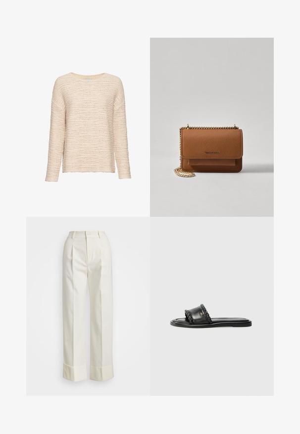 Gebreide trui in lichtbeige, met een relaxte pasvorm, lange mouwen, een ronde hals en een textuurpatroon over de hele trui.; Witte, op maat gemaakte broek met een hoge taille, dubbele voorplooien en brede pijpen met omgeslagen manchet. Gemaakt van een gladde, gestructureerde stof.; Zwarte leren sandaal met een geweven riemdetail, platte zool en een strak ontwerp. Gladde textuur en minimalistisch profiel.; Bruine lederen schoudertas met textuur, voorzien van een gouden kettingstrap en klepsluiting. De voorkant heeft een logo-detail en een zak onder de klep.