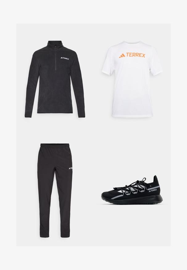 Zwarte fleece pullover met een staande kraag, kwart-ritssluiting en TERREX-logo op de linkerkant van de borst. Zachte textuur en lange mouwen.; Witte sportieve T-shirt met korte mouwen, gemaakt van ademend materiaal, met een oranje "TERREX" logo op de borst. Eenvoudig ontwerp met strakke lijnen.; Zwarte sportbroek met een elastieke tailleband, twee zijzakken met rits en een logo op de bovenkant van het rechterbeen. Soepele, lichte stof.; Zwarte sportieve schoen met een mesh bovenkant, reflecterende accenten, elastische veters en een getextureerde rubberen zool. Beschikt over een gestroomlijnd ontwerp voor optimale prestaties.