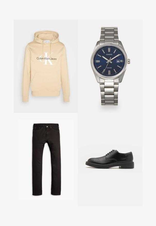 Calvin Klein Jeans SEASONAL MONOLOGO REGULAR HOODIE - Camisola - pale khaki; Jean slim preto com cinco bolsos e fecho de botão, exibido de forma plana sobre um fundo branco.; Sapatilha preta em couro, com atilhos, ponta arredondada, textura suave, costura mínima e um salto baixo em borracha. Logotipo no calcanhar.; Relógio de pulso em aço inoxidável prateado com um mostrador azul-marinho, marcadores de horas metálicos e uma janela de data às 3 horas. À prova de água até 50 metros.