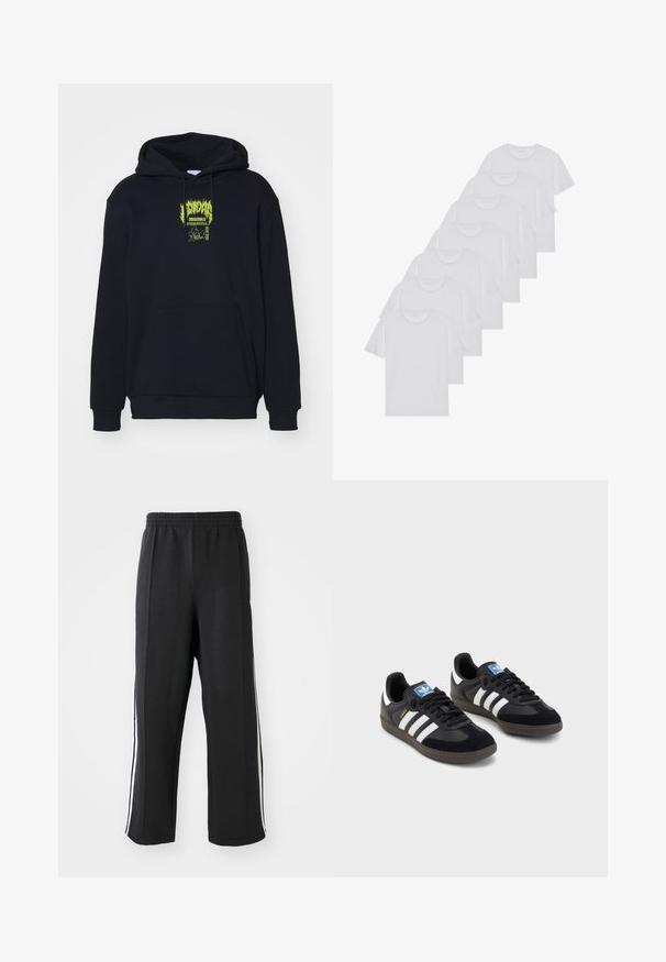 Melns kapucis, izgatavots no kokvilnas maisījuma, ar priekšējo kabatu, auklā un neona zaļo grafisko dizainu uz krūtīm.; Baltie kokvilnas T-krekli, īsas piedurknes, apaļas izgriezuma dizains, vienkārša tekstūra, sakrauti rindā, ar smalku zīmolu pie kakla izgriezuma.; Melni sporta bikses ar elastīgu jostu, kurām ir baltas sānu joslas un brīvs piegrieziens. Izgatavotas no mīksta, elastīga auduma.; Melnas sporta apavas ar zamšādas un sintētisku augšdaļu, ar trim baltām svītrām, teksturētu gumijas zoli un zilu logo birku uz mēles.